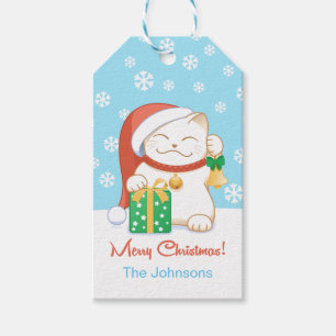 Étiquettes-cadeau Le chat blanc de Noël dans un Casquette rouge