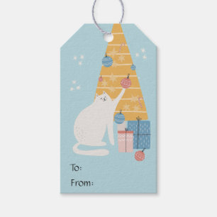 Étiquettes-cadeau Le chat blanc joue avec les ornements cadeau de No