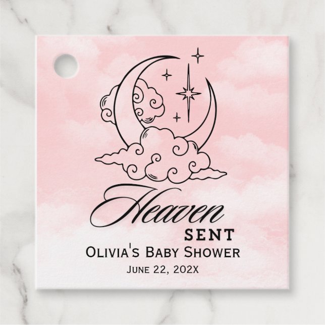 Étiquettes Cadeau Le ciel a envoyé Baby shower rose lune étoiles (Devant)