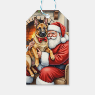 Étiquettes-cadeau Le Père Noël tenant l'art de Noël du Malinois belg