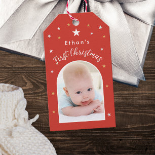 Étiquettes-cadeau Le premier Noël de bébé Photo personnalisée Rouge