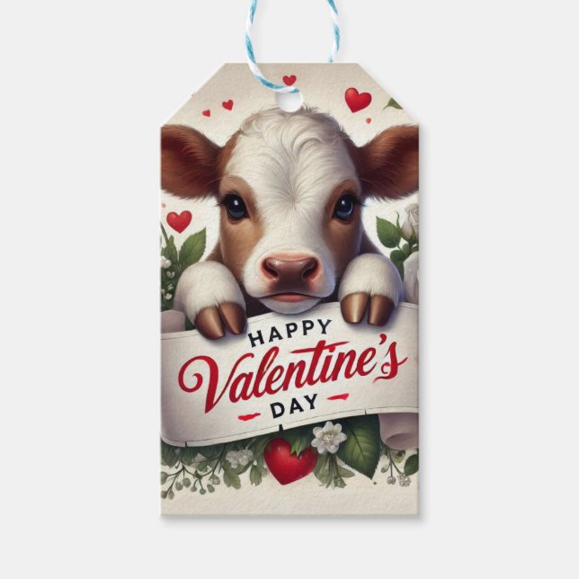Étiquettes-cadeau Le veau de Saint Valentin avec arrangement floral (Devant)