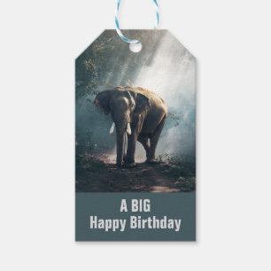 Étiquettes-cadeau L'éléphant asiatique dans une forêt éclairée Anniv