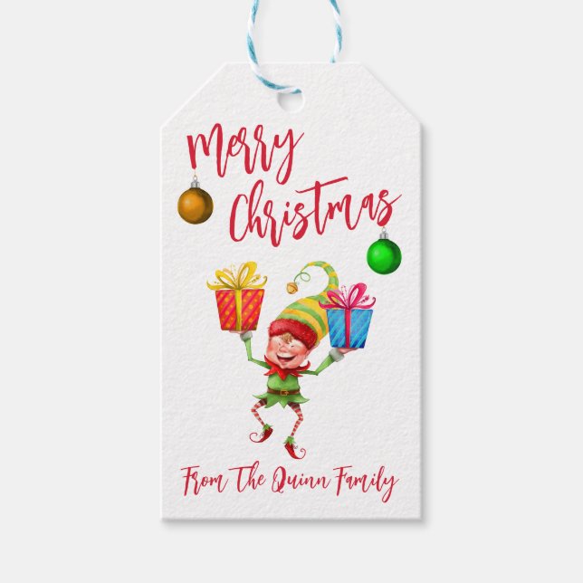 Étiquettes-cadeau L'elfe du Père Noël avec des cadeaux Joyeux Noël F (Devant)
