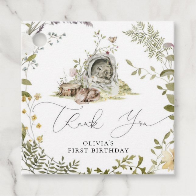 Étiquettes Cadeau Les animaux de la forêt boisée Anniversaire Merci (Devant)
