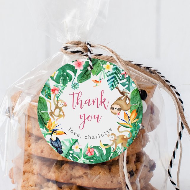 Étiquettes Cadeau Les animaux de la jungle tropicale Merci Anniversa (Créateur téléchargé)