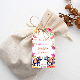 Étiquettes-cadeau Les éléphants mariages indiens cerise fleurs merci