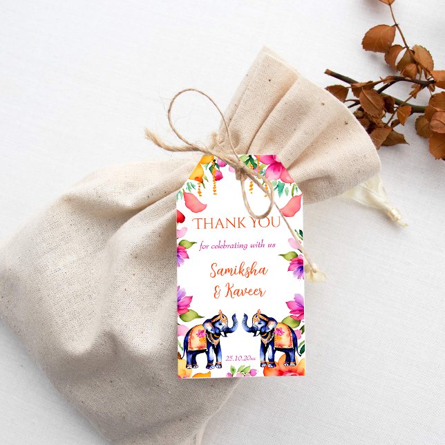 Étiquettes-cadeau Les éléphants mariages indiens cerise fleurs merci (Indian wedding elephants thank you favor gift tags modern watercolor colorful elephants flowers)