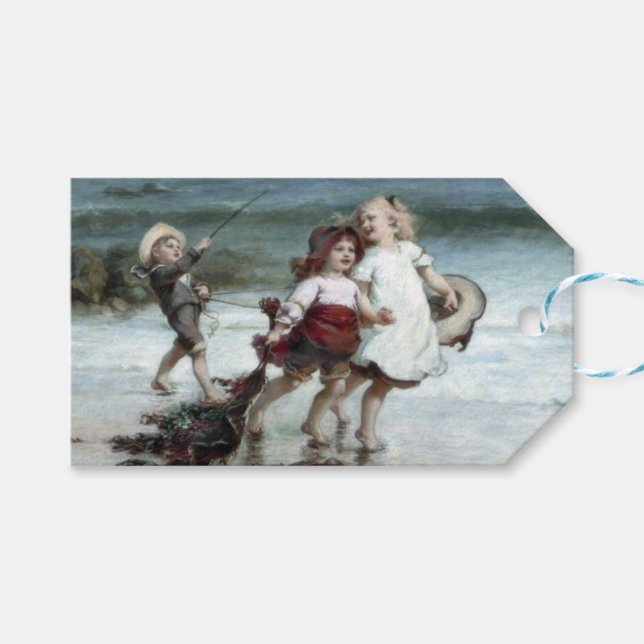 Étiquettes-cadeau Les filles prétendant être des chevaux sur la plag (Devant (Horizontal))