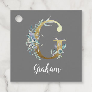 Étiquettes Cadeau Lettre or florale G sur gris