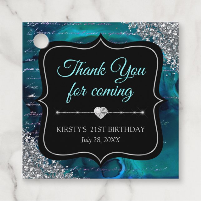 Étiquettes Cadeau Lettres de sirène turquoise Iridescente fête d'ann (Devant)