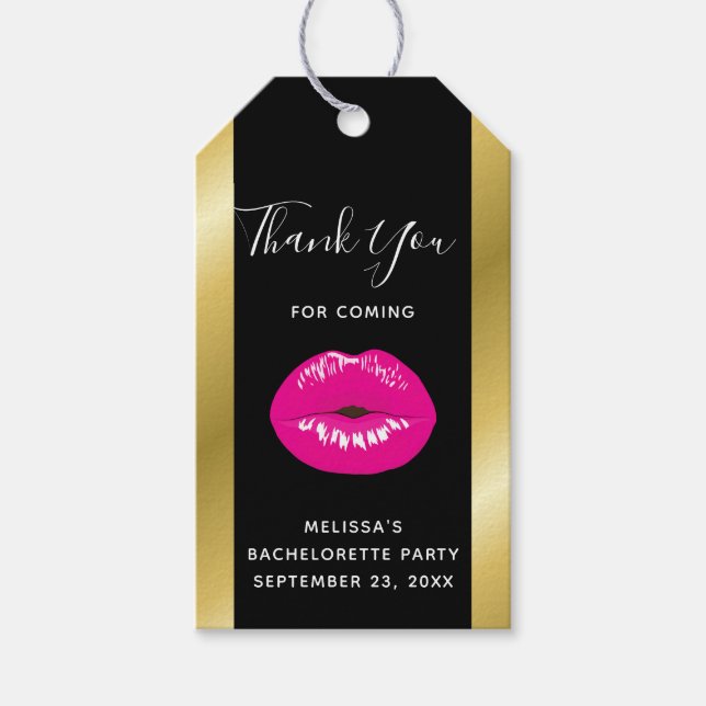 Étiquettes-cadeau Lèvres brillantes rose chaud sur noir (Devant)
