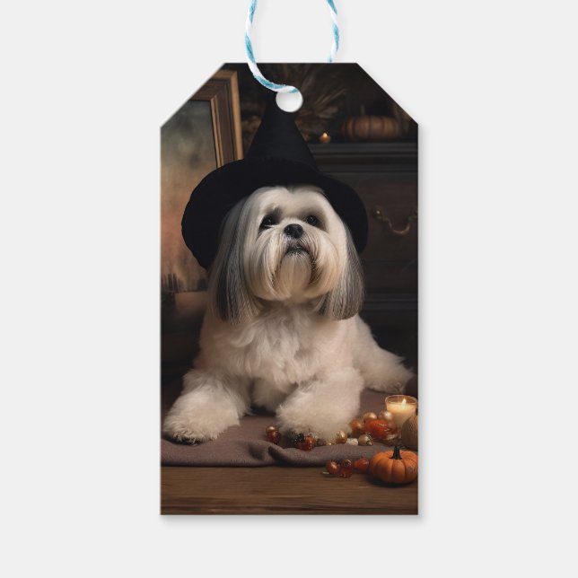 Étiquettes-cadeau Lhasa Apso Citrouilles Halloween Épouvantable (Devant)