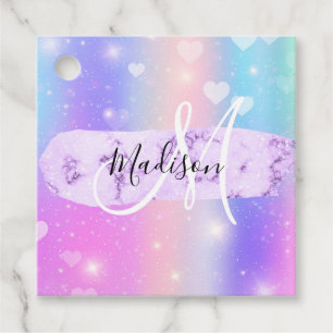Étiquettes Cadeau Licorne Arc-en-Ciel Cœurs Monogramme Coloré Fémini