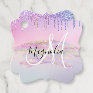 Étiquettes Cadeau Licorne arc-en-ciel ombrée pailletée rose monogram