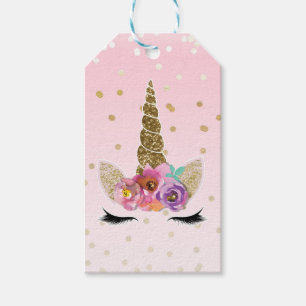 Étiquettes-cadeau Licorne Fleurie Corne en Or Rose Faveur de Fête d'