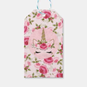 Étiquettes-cadeau Licorne Or Fleurs Roses Roses Fête d'anniversaire