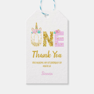 Étiquettes-cadeau Licorne Rose Pailletée Or 1er Anniversaire