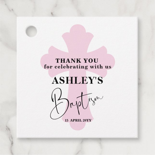 Étiquettes Cadeau Light Pink Cross Baptism Thank you Favor Tags (Devant)