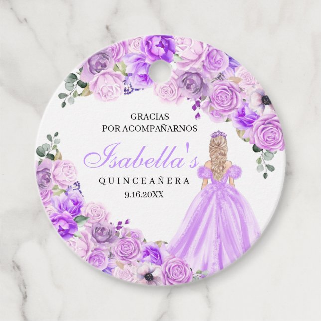 Étiquettes Cadeau Lilac Purple Floral Quinceanera Cercle Favoriser T (Devant)