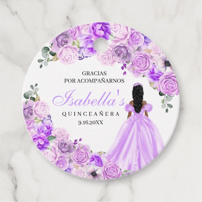 Étiquettes Cadeau Lilac Purple Floral Quinceanera Cercle Favoriser T (Devant)