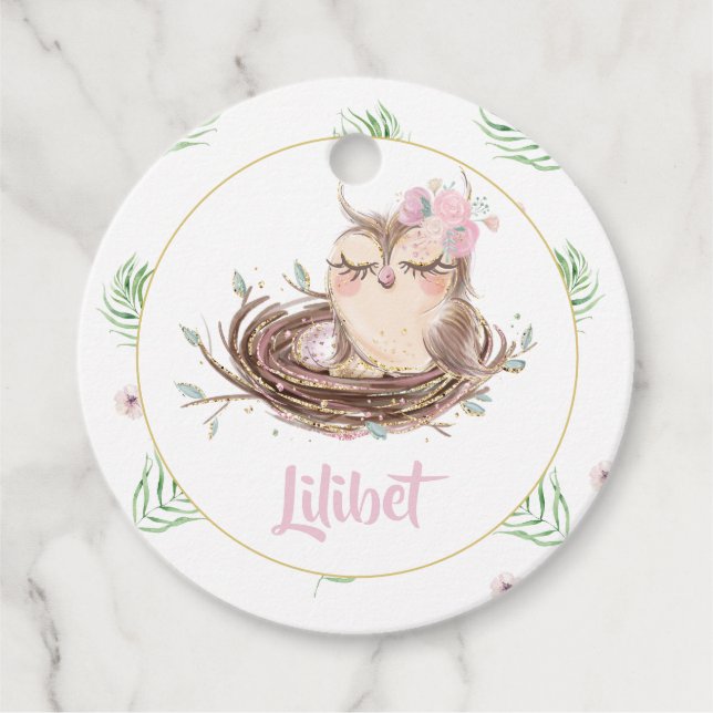 Étiquettes Cadeau Lilibet Owl Baby Girl Douche (Devant)