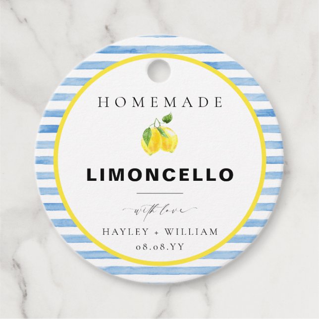 Étiquettes Cadeau Limoncello à rayure aquarelle bleue (Devant)