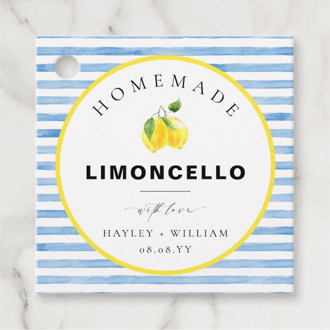 Étiquettes Cadeau Limoncello à rayure d'aquarelle bleue (Devant)