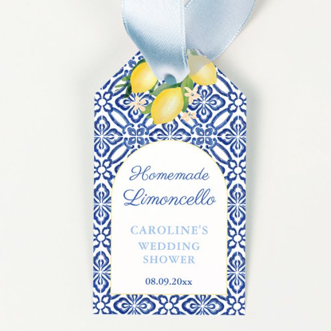 Étiquettes-cadeau Limoncello Lemons Carreaux Bleus Fête des mariées  (Capri Lemons Homemade Limoncello wedding shower favor tags with arch and blue and white tile print)
