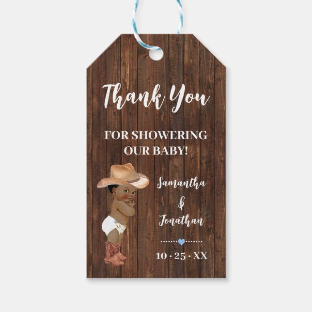 Étiquettes-cadeau Little AA Cowboy Baby shower bleu Faux Wood Favori (Devant)