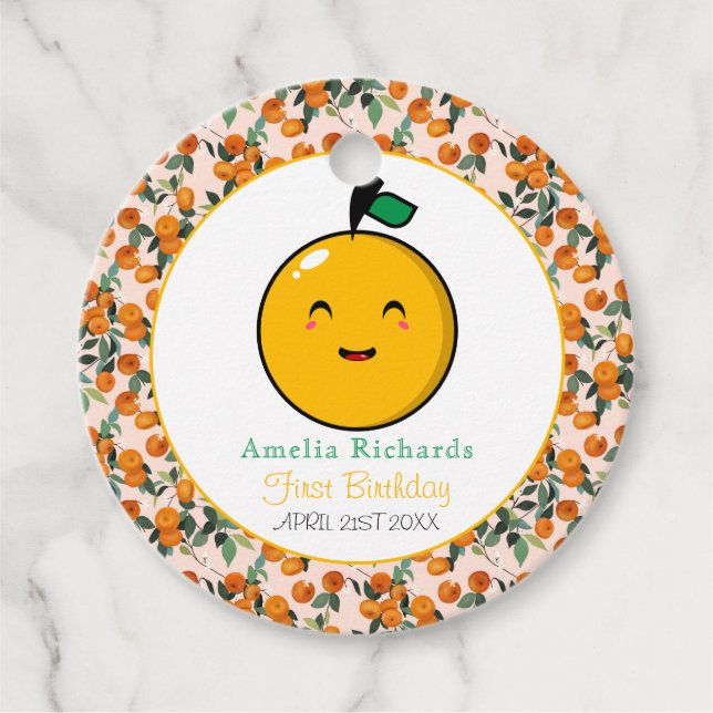 Étiquettes Cadeau Little Cutie Orange Citrus 1er anniversaire (Devant)