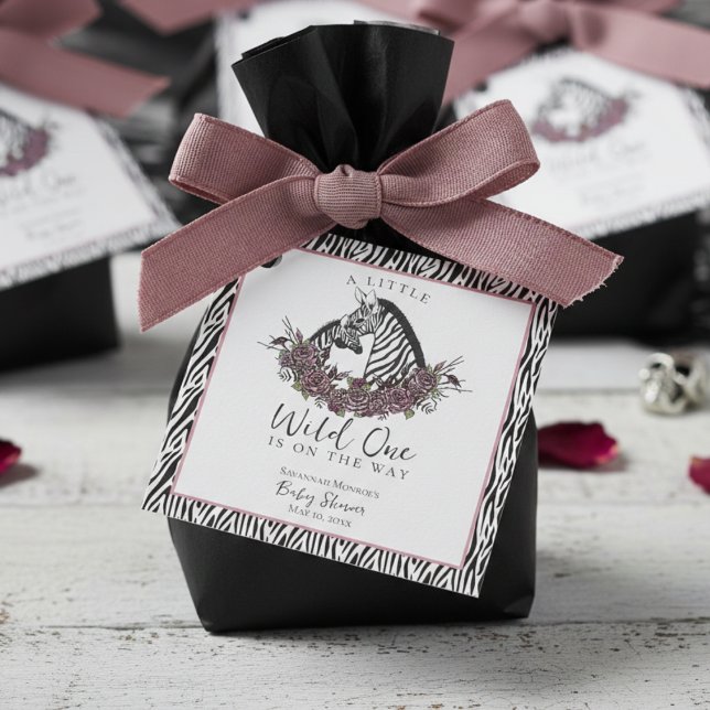 Étiquettes Cadeau Little Wild One Zebra Safari Baby Shower (Wild One Favor Tags. Cute Black White Pink Mauve Baby Zebra and Mommy Zebra with Zebra Print Pattern)
