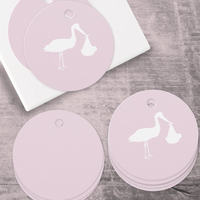 Étiquettes Cadeau Livraison élégante de la cigogne Baby shower rose  (Pink Baby Shower Favor Tags just for you)