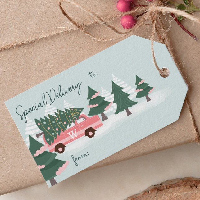 Étiquettes-cadeau Livraison spéciale Arbre de Noël Retro Pink Van (Special Delivery Christmas Tree Retro Pink Van Gift Tags)