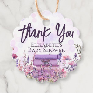 Étiquettes Cadeau Livre Violet Empilement Fleurs Sauvages Papillons