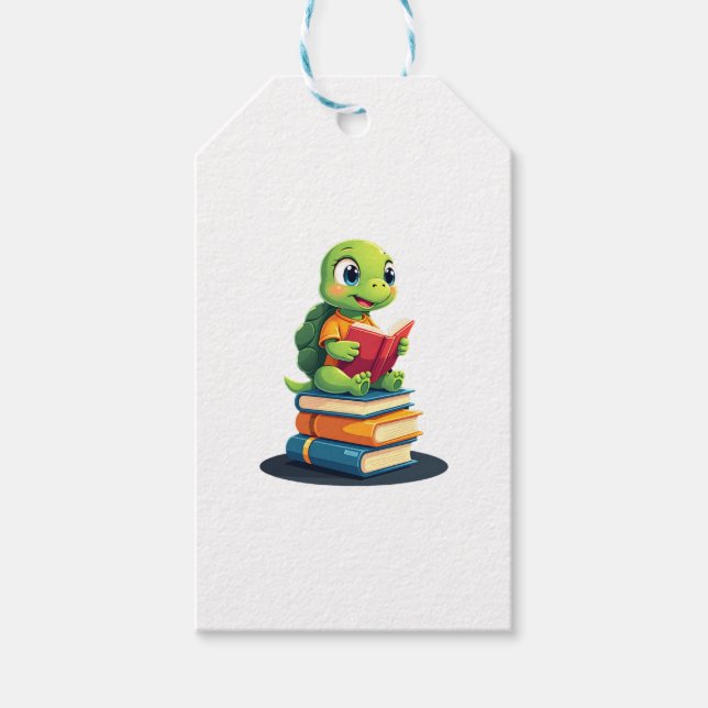 Étiquettes-cadeau Livres de lecture de tortues adorables (1) (Devant)