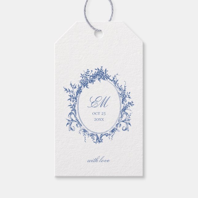 Étiquettes-cadeau Logo de mariage Crest Monogram Blue Chinoiserie (Devant)