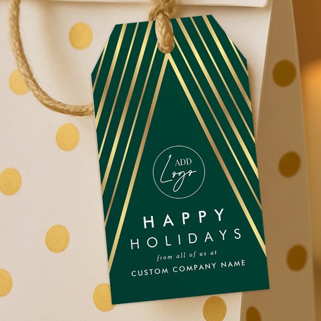 Étiquettes-cadeau Logo d'entreprise Green Gold Christmas Tree (Elegant emerald green and gold Christmas tree holiday gift tags with your custom logo)