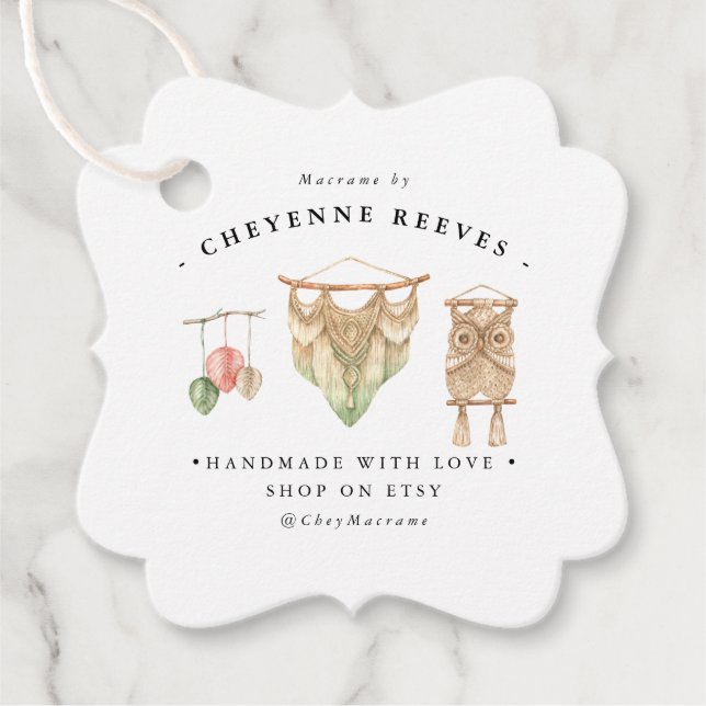 Étiquettes Cadeau Logo Macramé aquarelle | Balise de blocage d'entre (Devant)