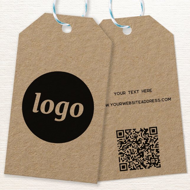 Étiquettes-cadeau Logo simple avec texte et codes QR Balises commerc (Simple logo with custom text QR code business branding promotional price, product or hang tag)