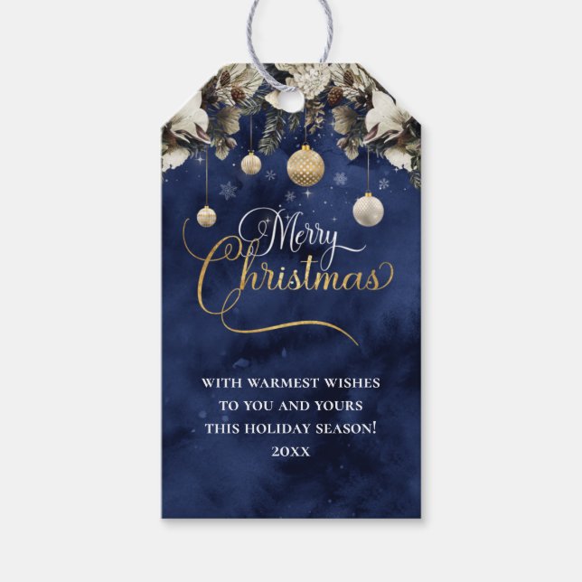 Étiquettes-cadeau L'or de bleu marine fleurit le Joyeux Noël (Devant)