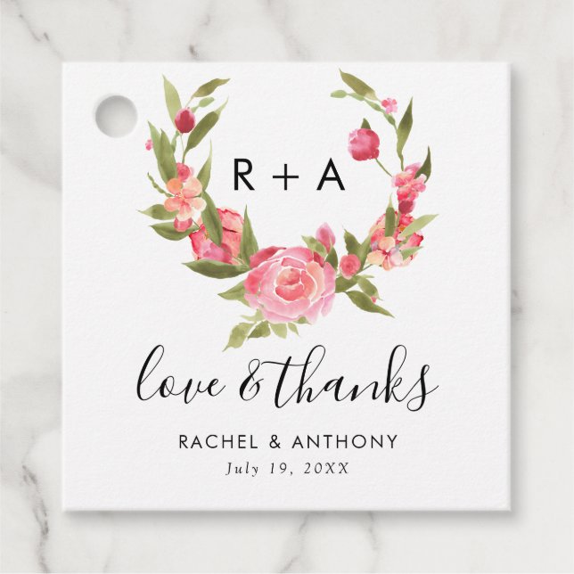 Étiquettes Cadeau Love and Thanks Blush Rose Mariage Script (Devant)