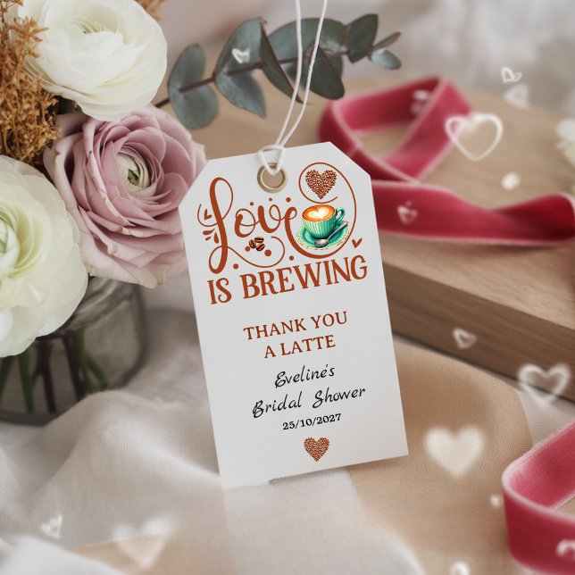 Étiquettes-cadeau Love Is Brewing Bridal Shower Terracotta Coffee  (love is brewing bridal shower wedding gift tag modern coffee beans brunch brown winter fall)