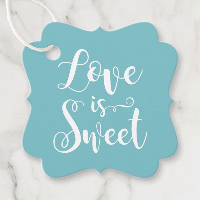 Étiquettes Cadeau Love is Sweet Modern Aqua Script Mariage Photo (Devant)