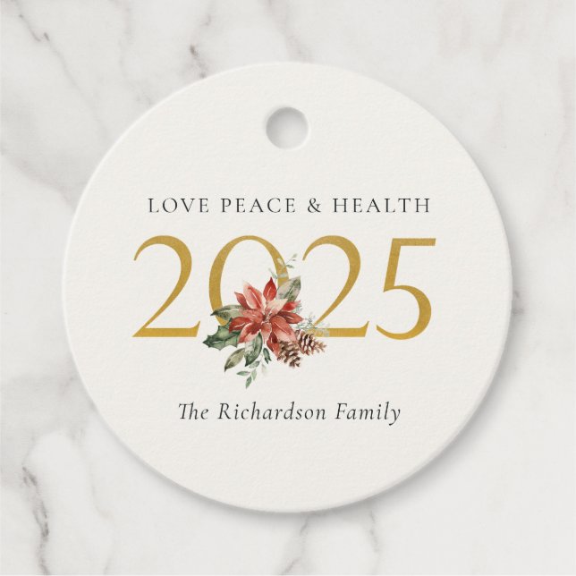 Étiquettes Cadeau Love Peace Health Poinsettia Bunch Foil Gold 2023 (Devant)
