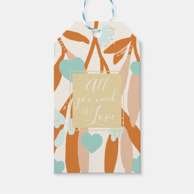 Étiquettes-cadeau Love Valentines Jour Coeurs Branches Fleurs Orange (Devant)