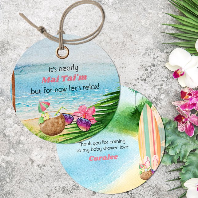 Étiquettes Cadeau Luau Summer Beach Fun Baby shower Favoriser les ét (Fun thank you tags  with Watercolor beach scene and surfboards from my Surfing Collection)