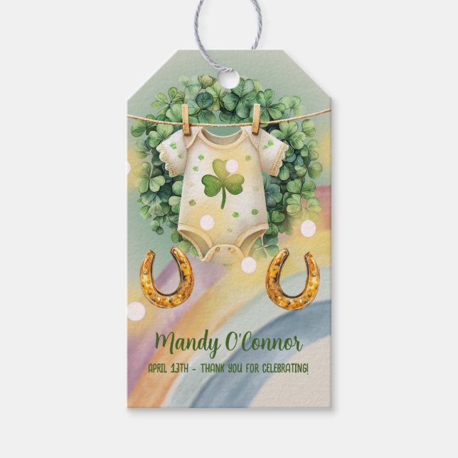 Étiquettes-cadeau Lucky Charm Shamrock et Baby shower Rainbow (Devant)