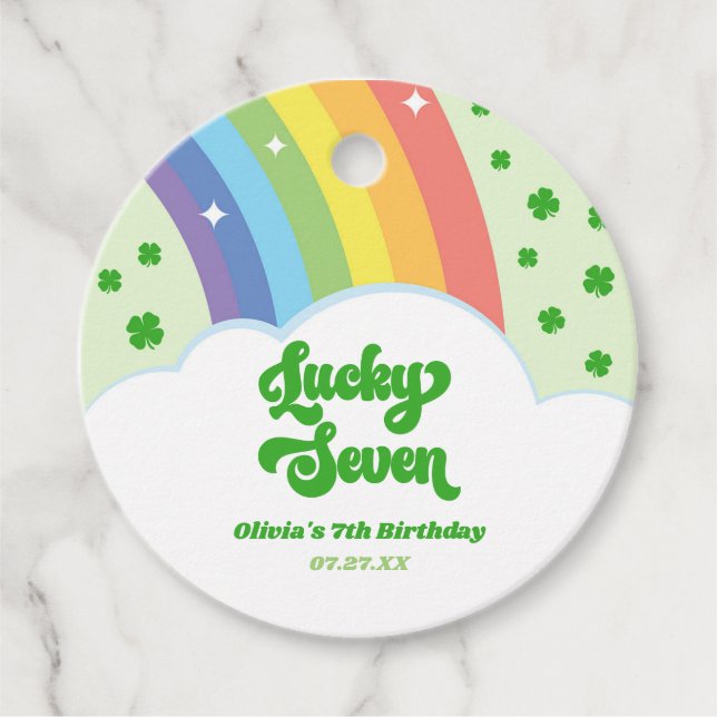Étiquettes Cadeau Lucky Seven Rainbow Cloches 7e fête d'anniversaire (Devant)