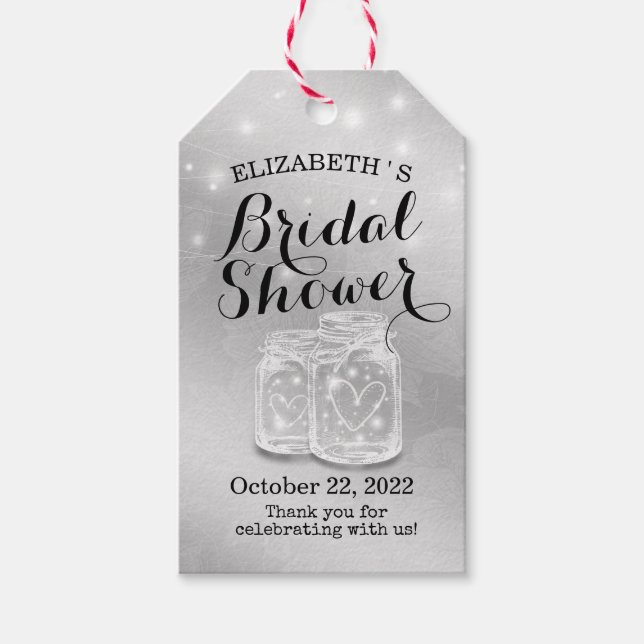 Étiquettes-cadeau Lumière de chaîne Mason Jar Fête des mariées Argen (Devant)